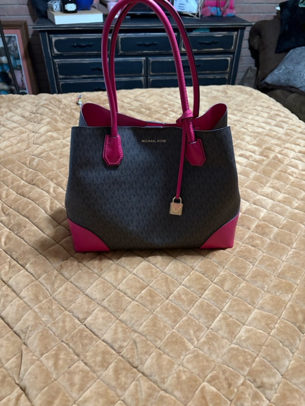 Michael Kors Pink & Brown Logo Tote Bag like new